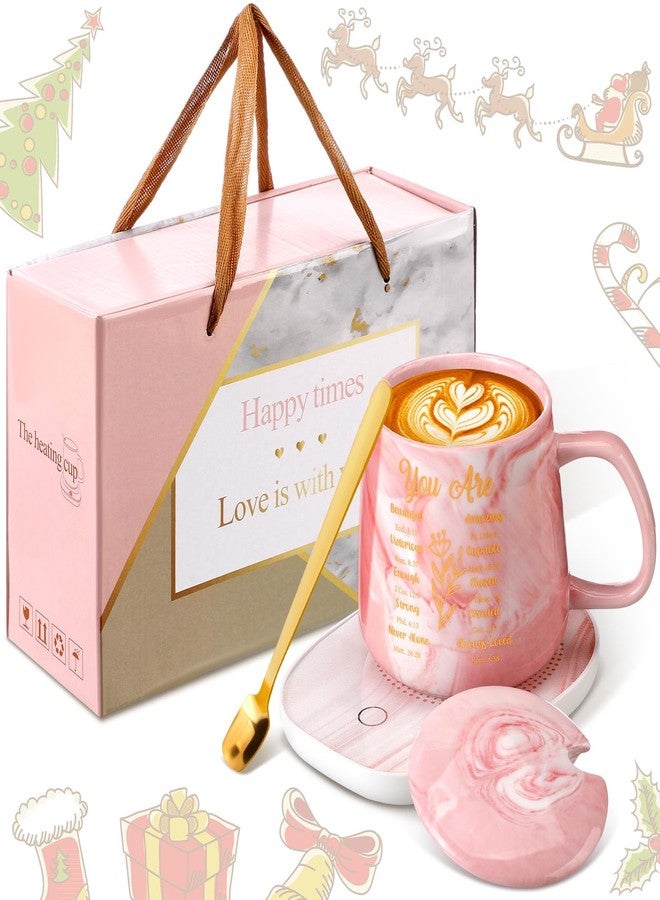 Nitial Bible Verse Coffee Mug Warmer Set for Women Pink Christian Gifts Marble Mug Warming Plate Birthday Gift Christmas Graduation Gifts for Coworker Volunteer Teacher - Image 1
